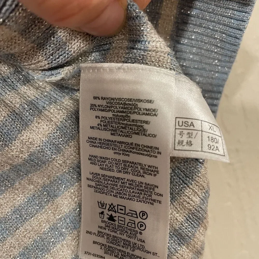 ~ Brooks Brothers XL Sweater Short Sleeved Striped Metallic Ribbed Knit Lt Blue